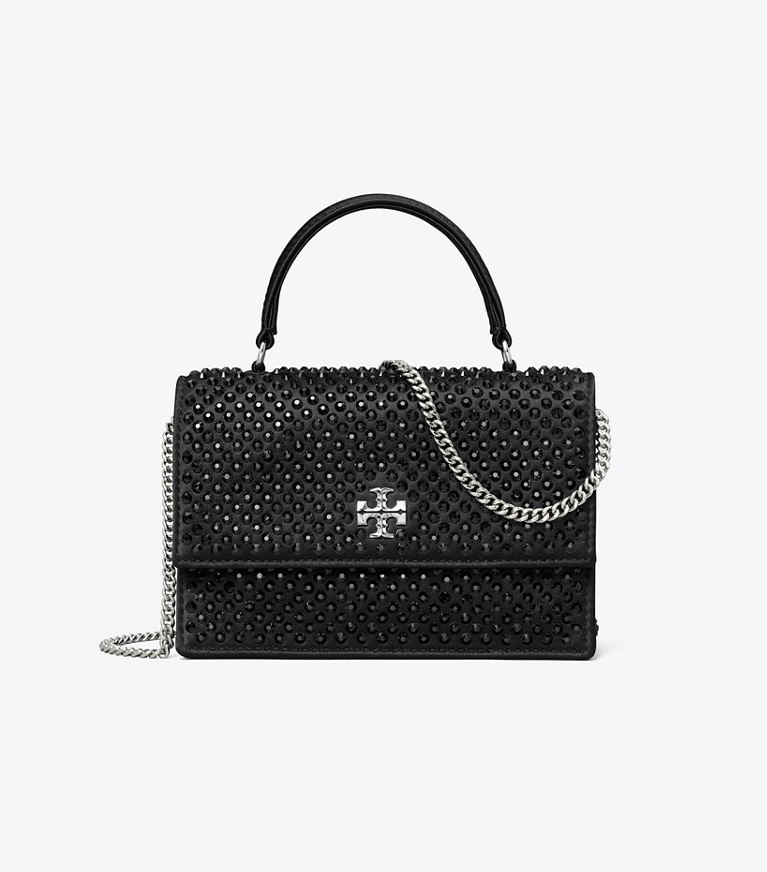 Tory Burch designer mini bags Mini Kira Satin Embellished Top-Handle Chain Wallet in Black angle