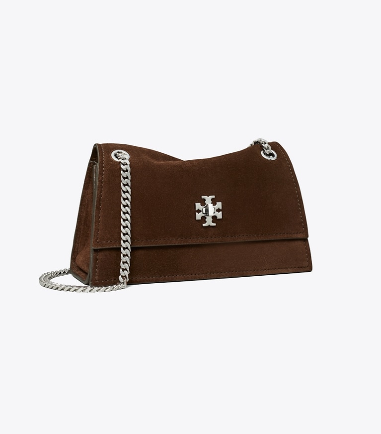 Tory Burch designer schultertaschen Mini Kira Schultertasche aus Wildleder mit Drehverschluss in Dark Cocoa angle