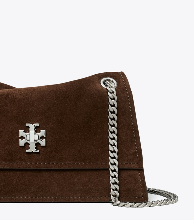 Tory Burch designer schultertaschen Mini Kira Schultertasche aus Wildleder mit Drehverschluss in Dark Cocoa angle