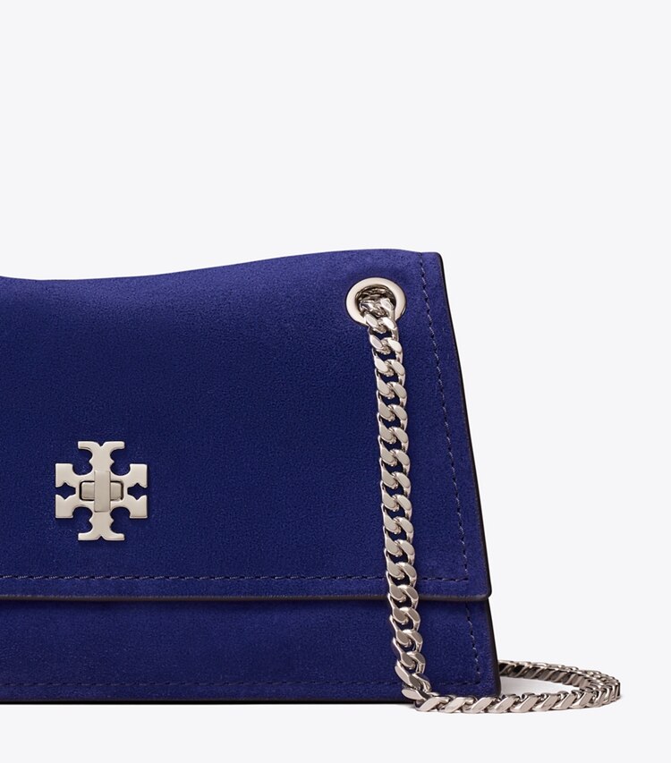 Tory Burch designer schultertaschen Mini Kira Schultertasche aus Wildleder mit Drehverschluss in Ballpoint Blue detail