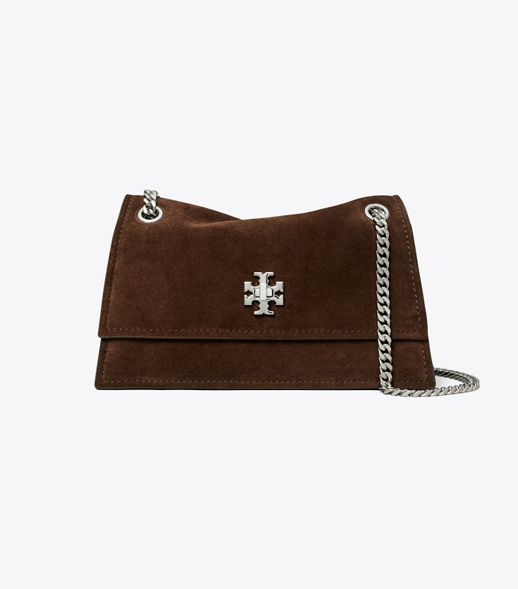 Tory Burch designer schultertaschen Mini Kira Schultertasche aus Wildleder mit Drehverschluss in Dark Cocoa front