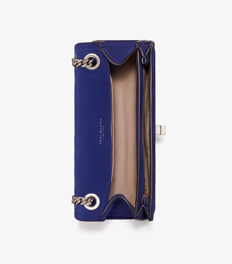 Tory Burch designer schultertaschen Mini Kira Schultertasche aus Wildleder mit Drehverschluss in Ballpoint Blue von oben