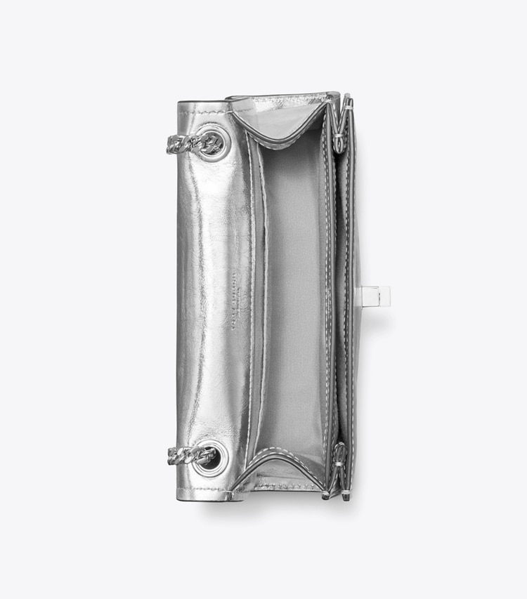 Tory Burch designer schultertaschen Mini Kira Schultertasche in Metallic mit Drehverschluss in Silver von oben