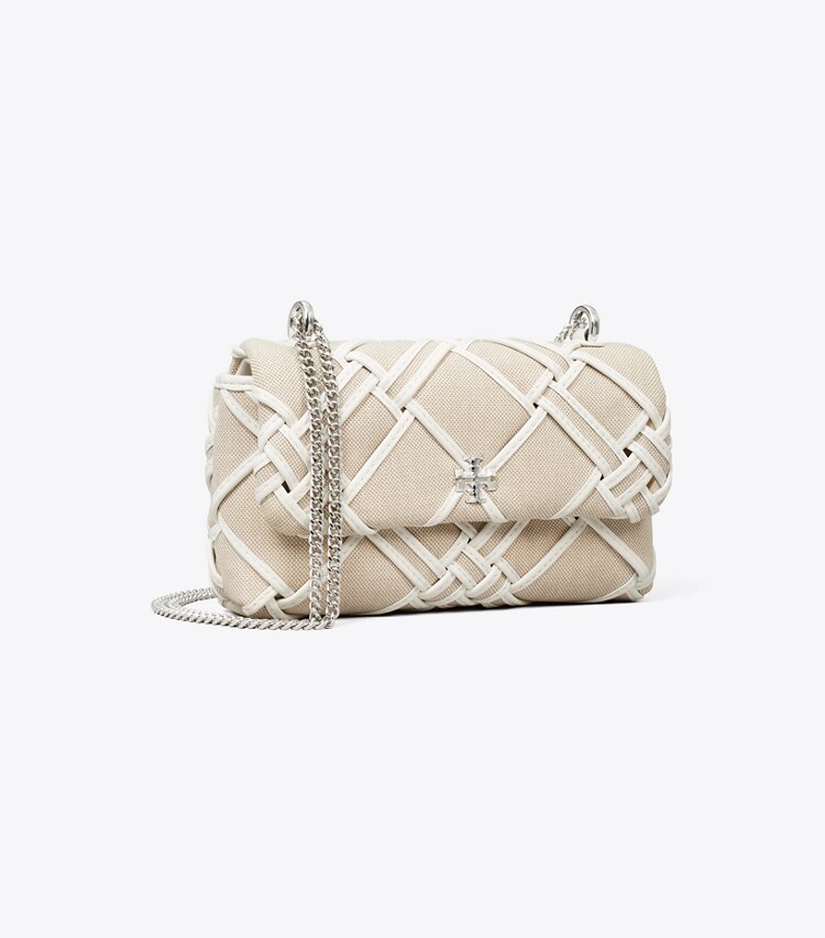 Tory Burch designer crossbody bags Mini Kira Tasche aus gewebtem Canvas mit Umschlag in Natural / Blanc angle