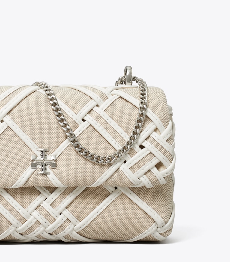 Tory Burch designer crossbody bags Mini Kira Tasche aus gewebtem Canvas mit Umschlag in Natural / Blanc angle