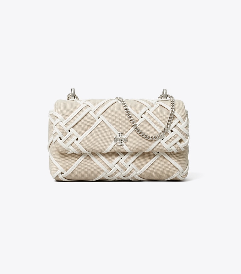 Tory Burch designer crossbody bags Mini Kira Tasche aus gewebtem Canvas mit Umschlag in Natural / Blanc angle