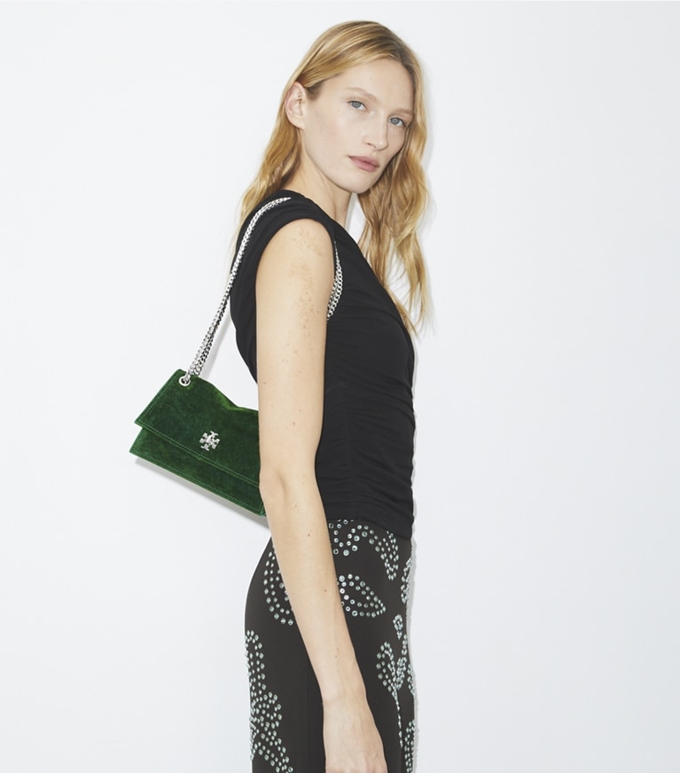 Tory Burch designer shoulder bags Mini Kira Turnlock Flocked Shoulder Bag in Emerald angle
