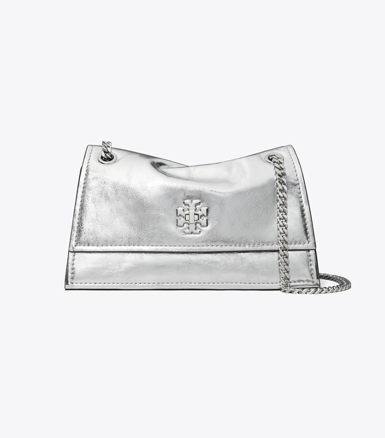 Tory Burch designer shoulder bags Mini Kira Turnlock Metallic Shoulder Bag in Silver front