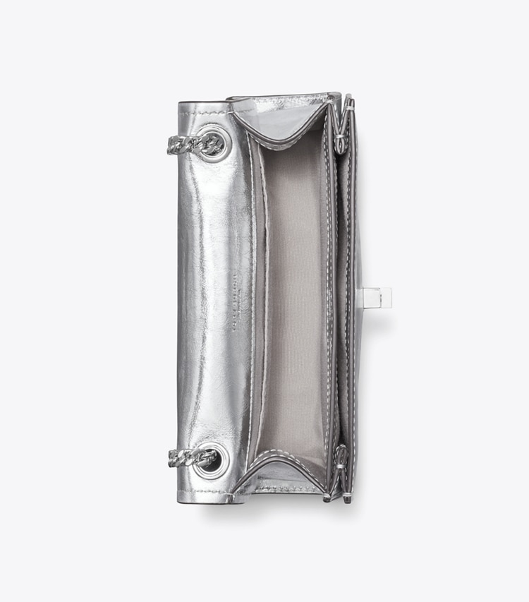 Tory Burch designer shoulder bags Mini Kira Turnlock Metallic Shoulder Bag in Silver overhead