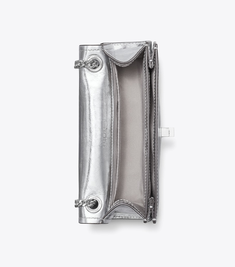 Tory Burch designer shoulder bags Mini Kira Turnlock Metallic Shoulder Bag in Silver angle