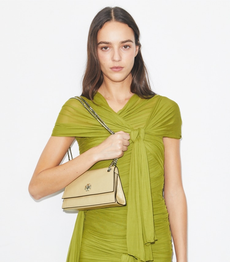 Tory Burch designer shoulder bags Mini Kira Turnlock Shoulder Bag in Praline accessory on model