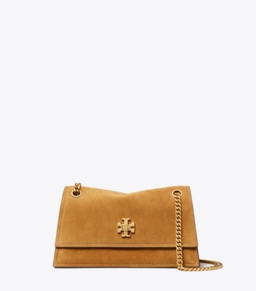 Tory Burch designer shoulder bags Mini Kira Turnlock Suede Shoulder Bag in Toffee front