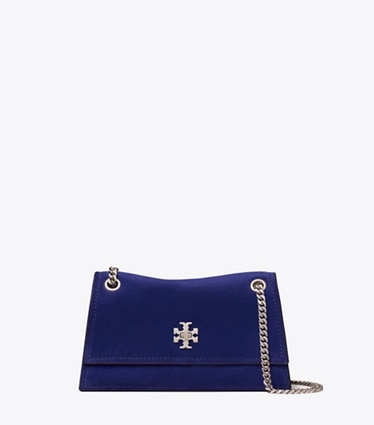 Tory Burch designer shoulder bags Mini Kira Turnlock Suede Shoulder Bag in Ballpoint Blue front