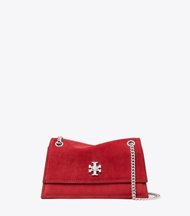 Tory Burch designer shoulder bags Mini Kira Turnlock Suede Shoulder Bag in Toucan Red front