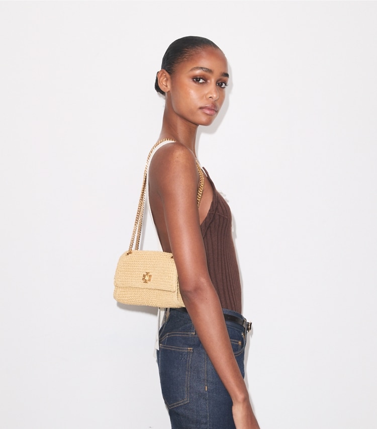 Tory Burch designer shoulder bags Mini Kira Turnlock Woven Shoulder Bag in Natural additional on model