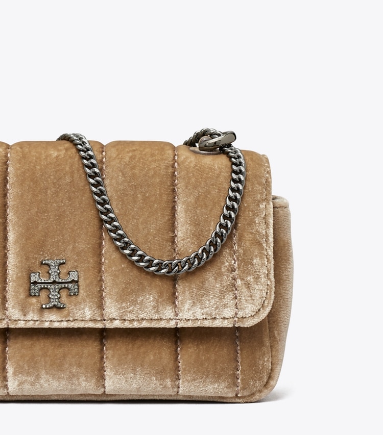 Tory Burch designer crossbody bags Mini Kira Velvet Flap Bag in Classic Taupe detail