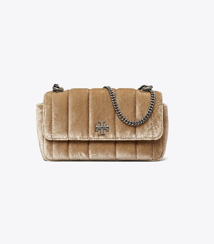 Tory Burch designer crossbody bags Mini Kira Velvet Flap Bag in Classic Taupe front