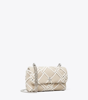 Tory Burch designer crossbody bags Mini Kira Woven Canvas Flap Bag in Natural / Blanc angle