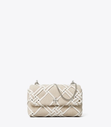 Tory Burch designer crossbody bags Mini Kira Woven Canvas Flap Bag in Natural / Blanc front