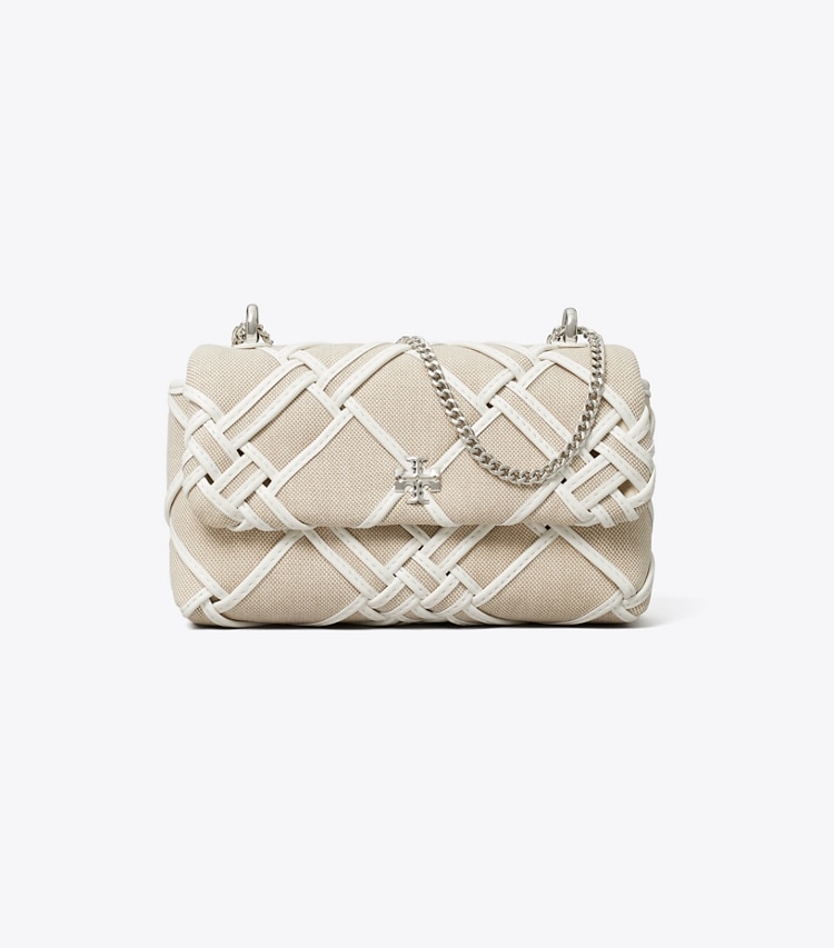 Tory Burch designer crossbody bags Mini Kira Woven Canvas Flap Bag in Natural / Blanc front