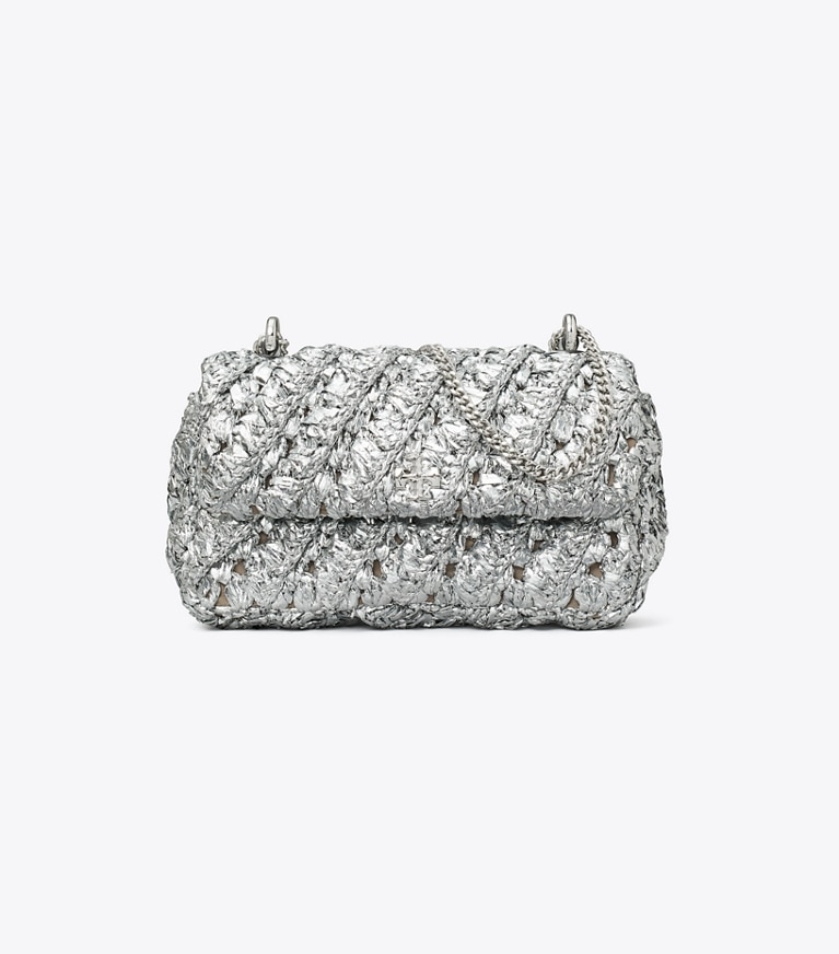 Tory Burch designer crossbody bags Mini Kira Woven Flap Bag in Silver angle