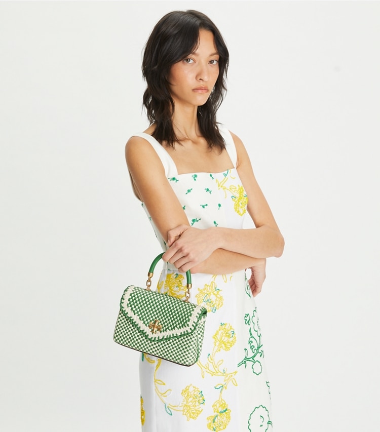 Tory Burch designer crossbody bags Mini Kira Woven Top-Handle Bag in Monstera additional on model