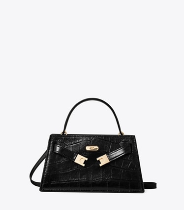 Tory Burch designer crossbody bags Mini Lee Radziwill Embossed Top-Handle Bag in Black front