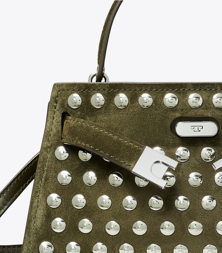 Tory Burch designer mini bags Mini Lee Radziwill in suede con borchie e manico superiore in Dark Olive dettaglio