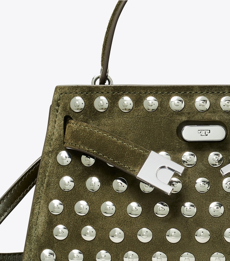 Tory Burch designer mini bags Mini Lee Radziwill in suede con borchie e manico superiore in Dark Olive angle
