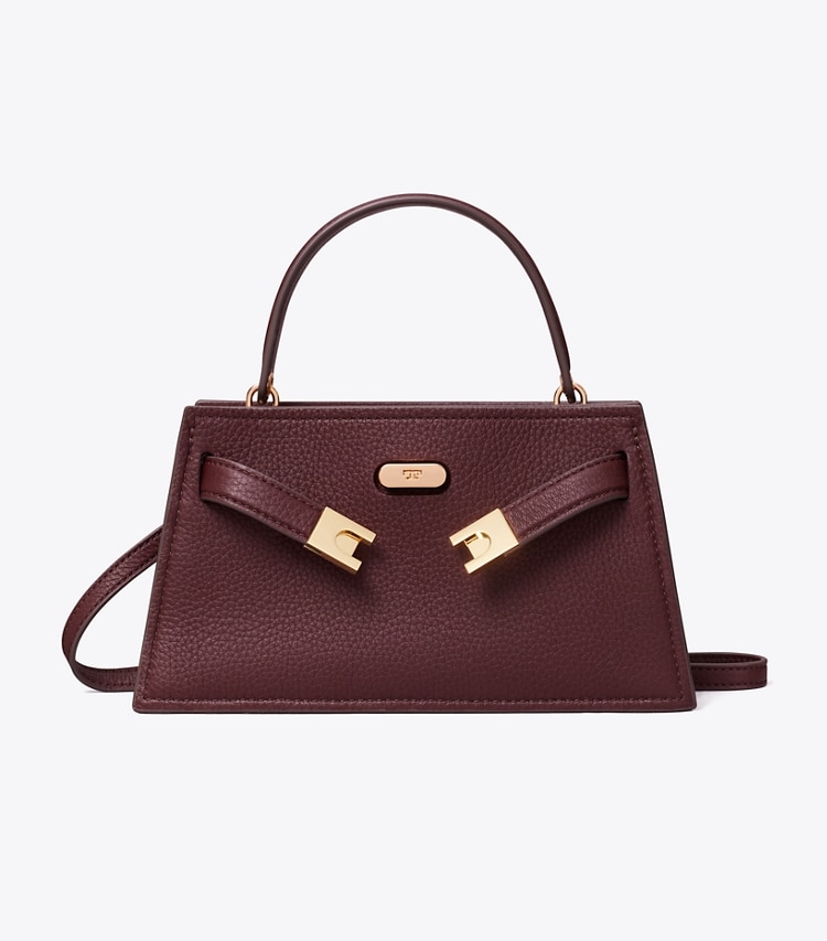 Tory Burch designer mini bags Mini Lee Radziwill Pebbled Top-Handle Bag in Dark Carmine front