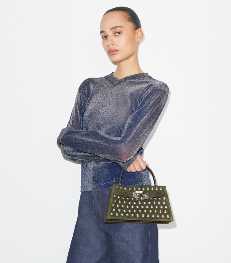 Tory Burch designer mini bags Mini Lee Radziwill Studded Suede Top-Handle Bag in Dark Olive additional on model