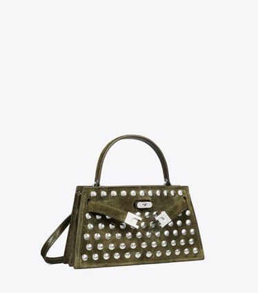 Tory Burch designer crossbody bags Mini Lee Radziwill Studded Suede Top-Handle Bag in Dark Olive angle