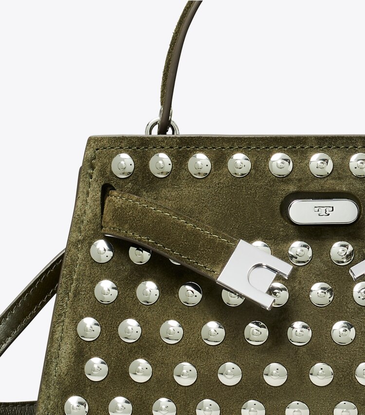 Tory Burch designer mini bags Mini Lee Radziwill Studded Suede Top-Handle Bag in Dark Olive detail