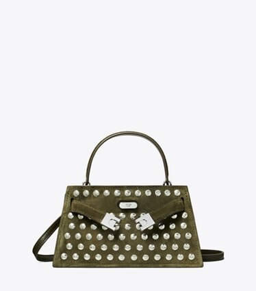 Tory Burch designer mini bags Mini Lee Radziwill Studded Suede Top-Handle Bag in Dark Olive front