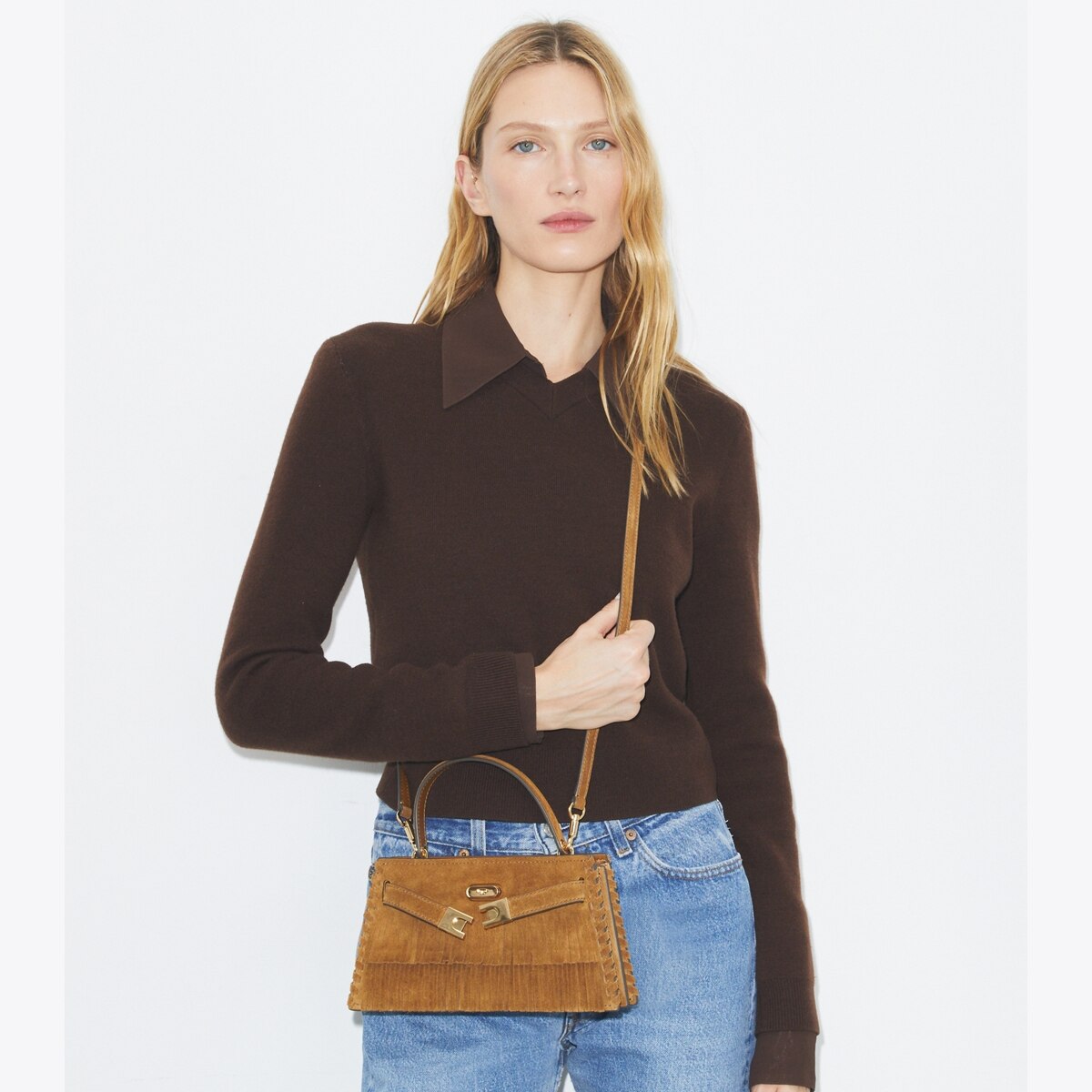 リリー Mini Lee Radziwill Suede Fringe Top-Handle Bag: Women's Designer