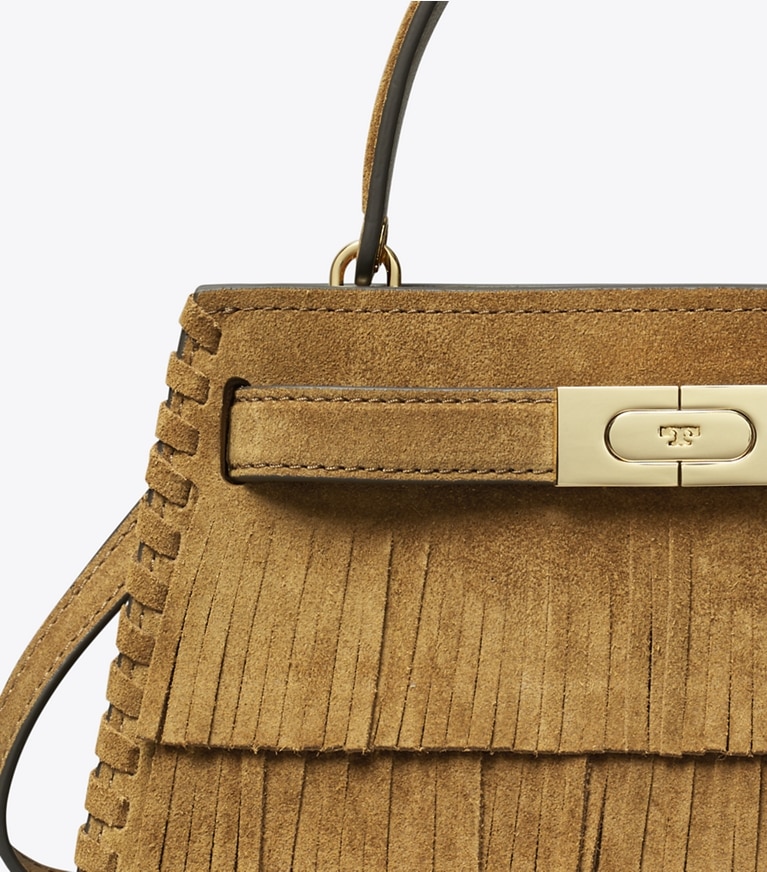 Tory Burch designer mini bags Mini Lee Radziwill Suede Fringe Top-Handle Bag in WILD TABACCO angle