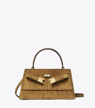 Tory Burch designer mini bags Mini Lee Radziwill Suede Fringe Top-Handle Bag in WILD TABACCO front