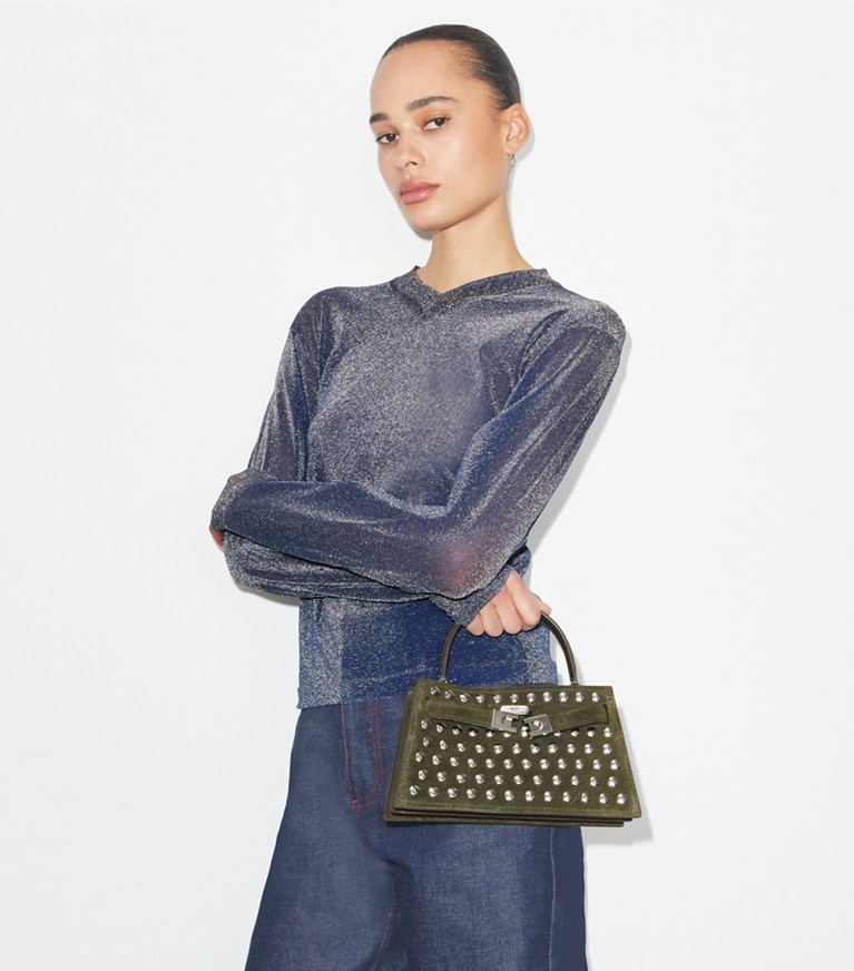 Tory Burch designer kleine taschen Mini Lee Radziwill Tasche aus Wildleder mit Nieten und Tragegriff oben in Dark Olive angle