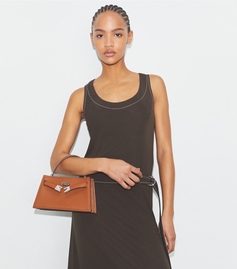 Tory Burch designer mini bags Mini Lee Radziwill Top-Handle Bag in BOURBON angle