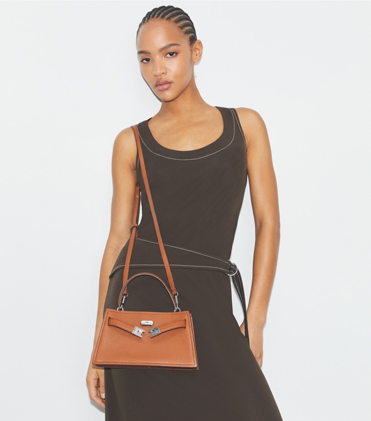 Tory Burch designer mini bags Mini Lee Radziwill Top-Handle Bag in BOURBON additional on model