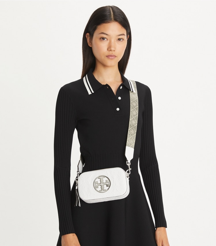 Tory Burch designer crossbody bags Mini Miller Crinkle Crossbody Bag in Blanc accessory on model
