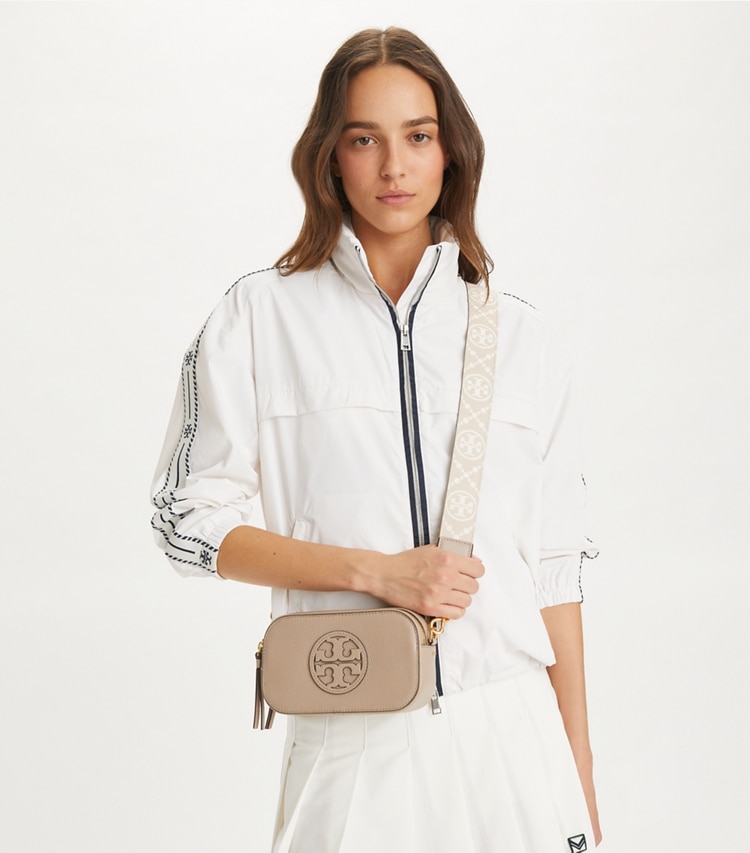 Tory Burch designer crossbody bags Mini Miller Crossbody Bag in Fresh Clay accessory on model