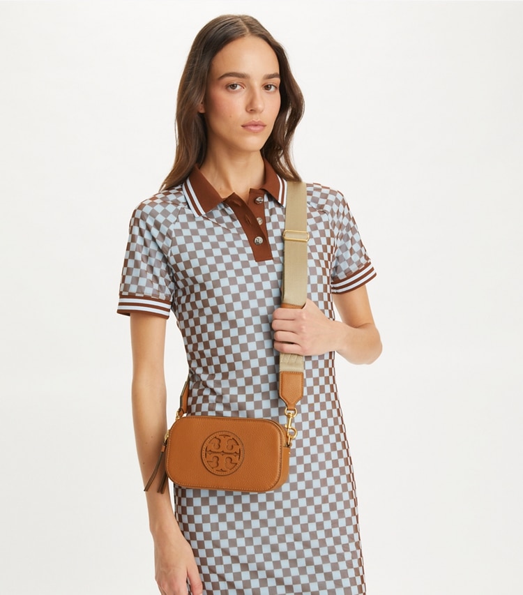 Tory Burch designer crossbody bags Mini Miller Crossbody Bag in Classic Chestnut accessory on model