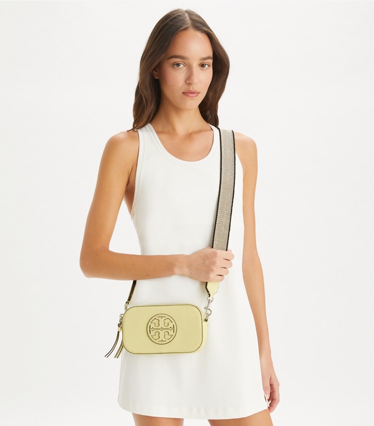 Tory Burch designer crossbody bags Mini Miller Crossbody Bag in Lemon Zest accessory on model