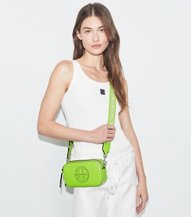 Tory Burch designer crossbody bags Mini Miller Crossbody Bag in Bright Fern accessory on model