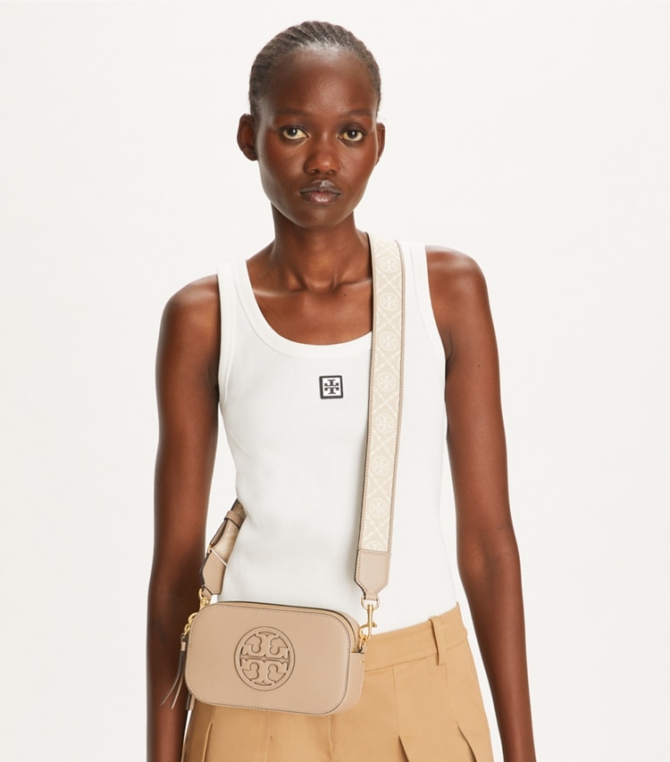 Tory Burch designer crossbody bags Mini Miller Crossbody Bag in Fresh Clay accessory on model