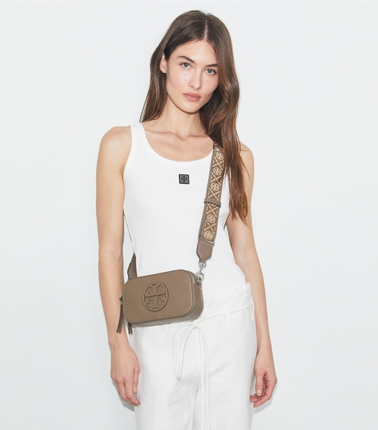 Tory Burch designer crossbody bags Mini Miller Crossbody Bag in Wild Mushroom accessory on model
