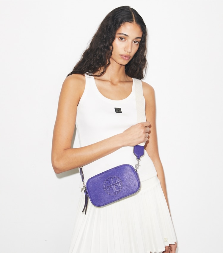Tory Burch designer crossbody bags Mini Miller Crossbody Bag in Ballpoint Blue accessory on model