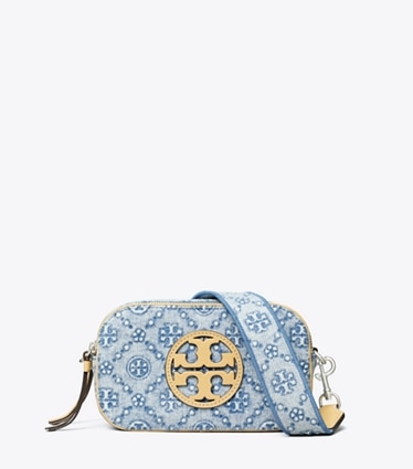 Tory Burch designer crossbody bags Mini Miller Crossbody Bag aus Denim mit T-Monogramm in Powder Blue front