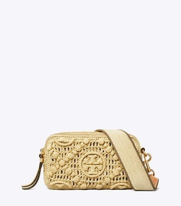 Tory Burch designer crossbody bags Mini Miller Crossbody Bag aus Raffiabast mit T-Monogramm in Natural front